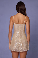 Embellished V-neck Lace Mini Dress in Pale Peach