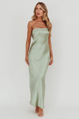 Kona Strapless Pleated Bust Satin Maxi Dress Sage