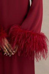 Adella | Burgundy Satin Feather-Trim Maxi Dress