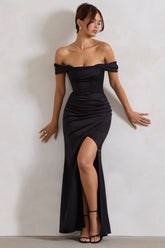 Kimberly | Black Bardot Satin Maxi Dress