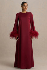 Adella | Burgundy Satin Feather-Trim Maxi Dress