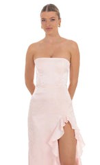 Satin Jacquard Back Bow Corset Maxi Dress in Pink