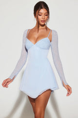 Naples Embellished Long Sleeve Angled Hem Mini Dress in Blue