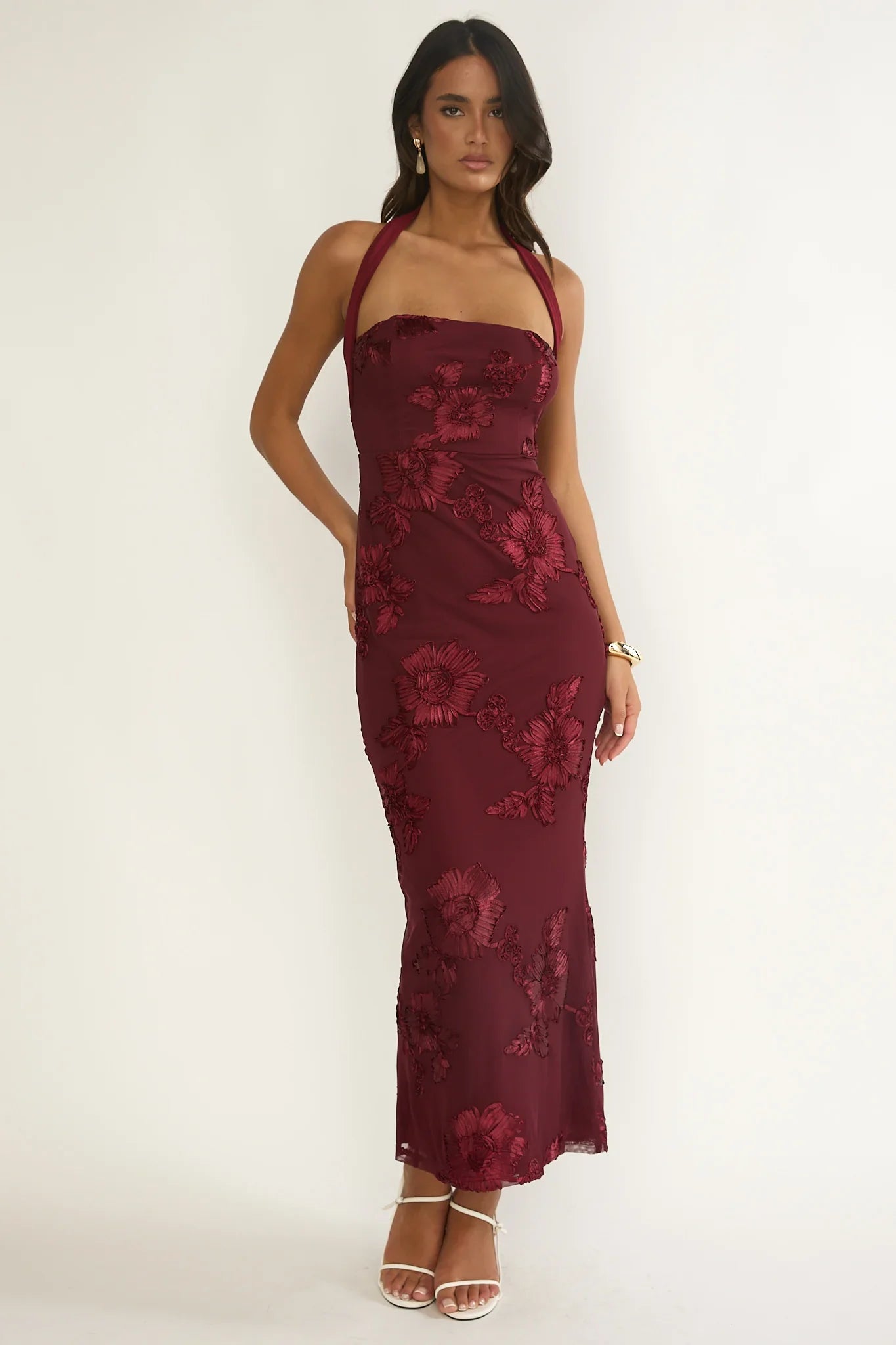 Serenya Halterneck Embellished Maxi Dress Wine