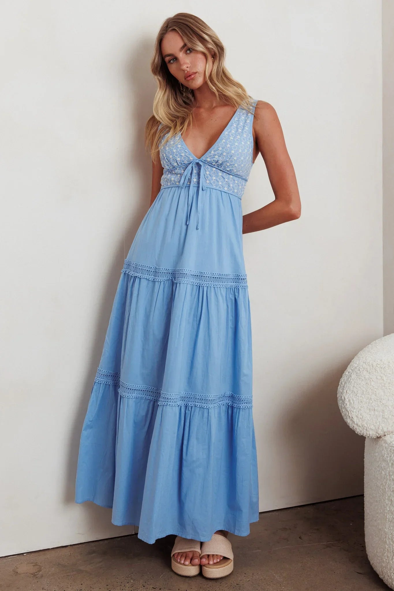 Joycelin V-Neck Eyelet Maxi Dress Blue
