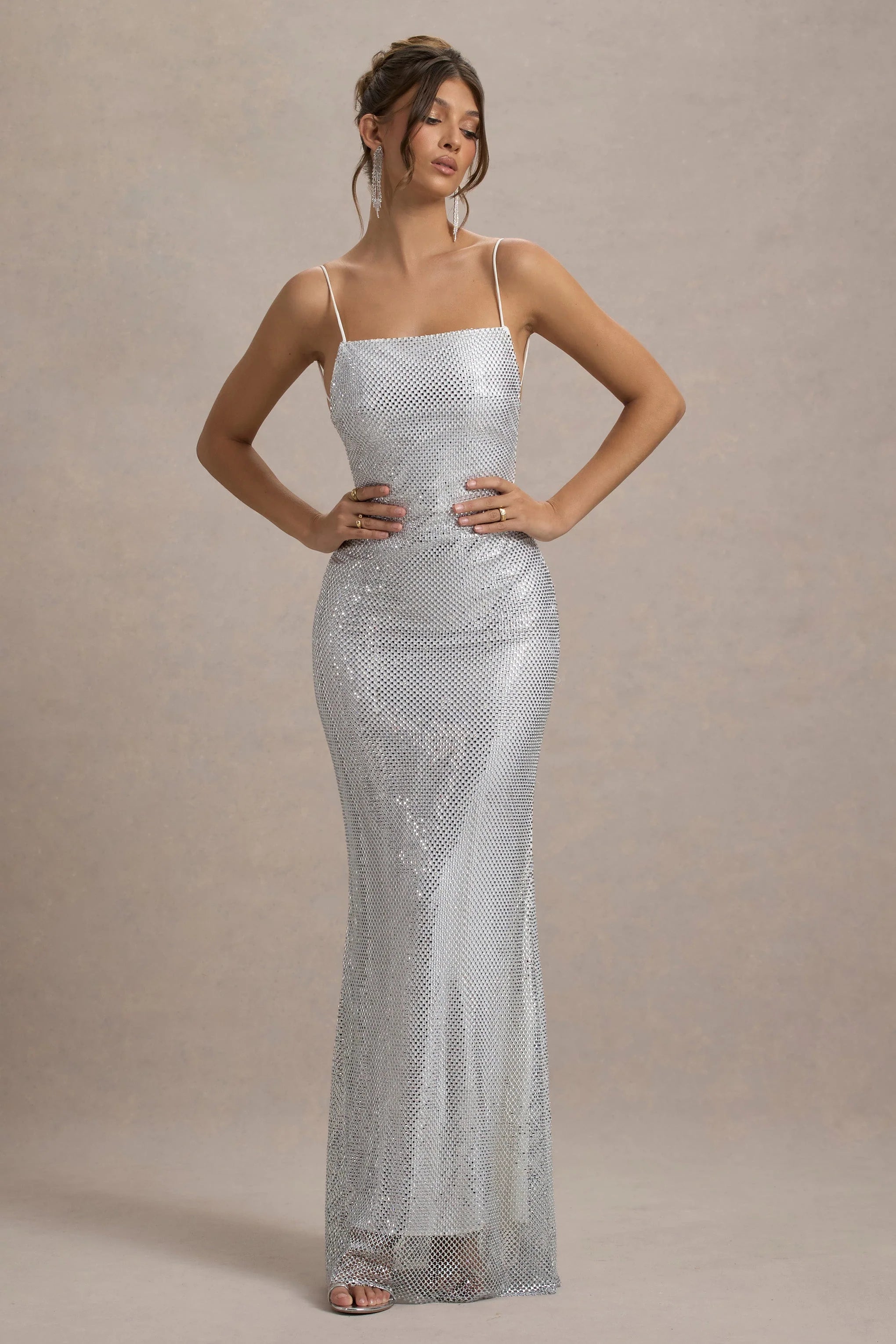 Quartz | Silver Embellished Square-Neck Open-Back Maxi Dress