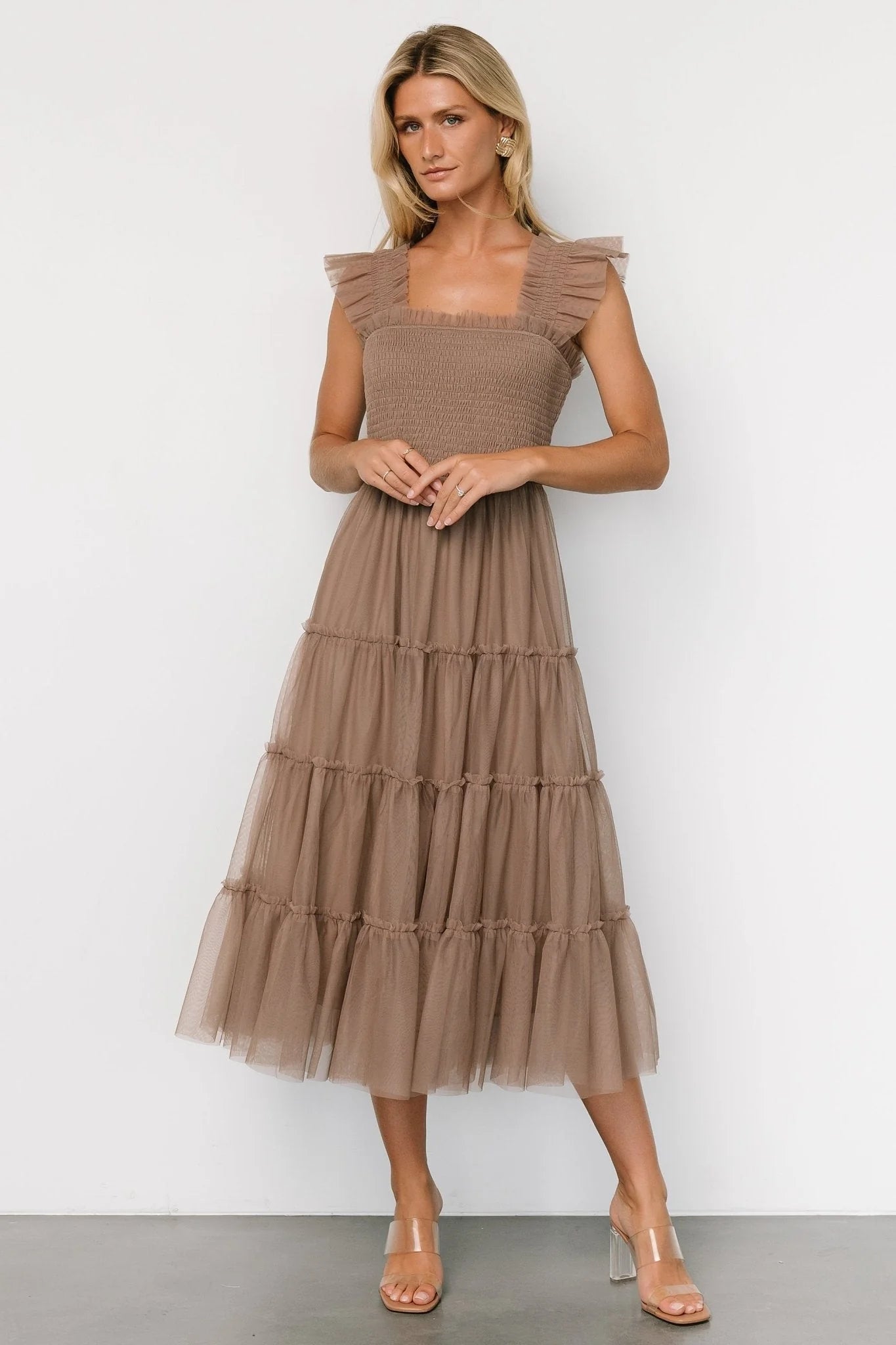 Emma Smocked Tulle Dress | Taupe