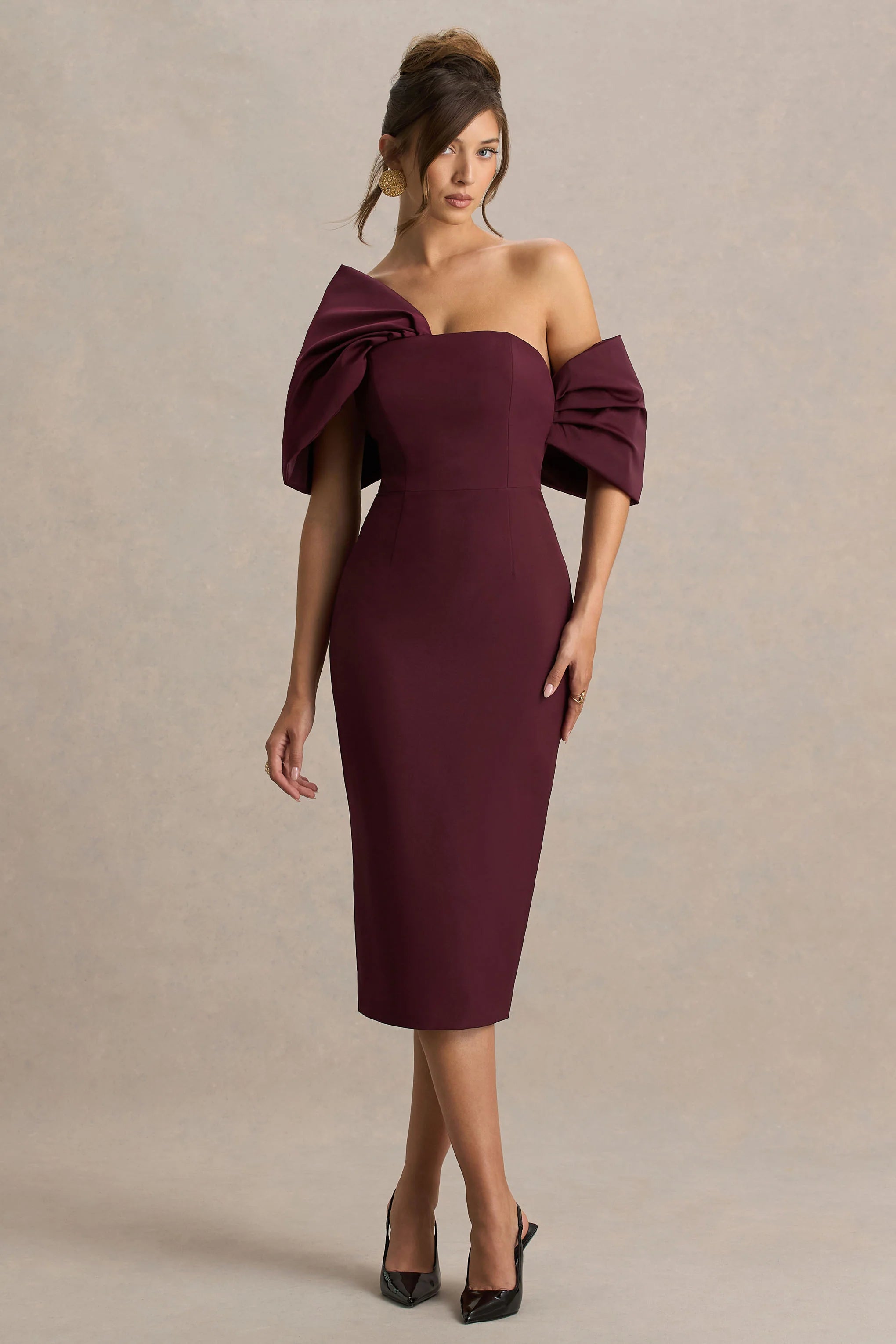 Lucille | Burgundy Asymmetric Bardot Midi Dress With Bow Detail