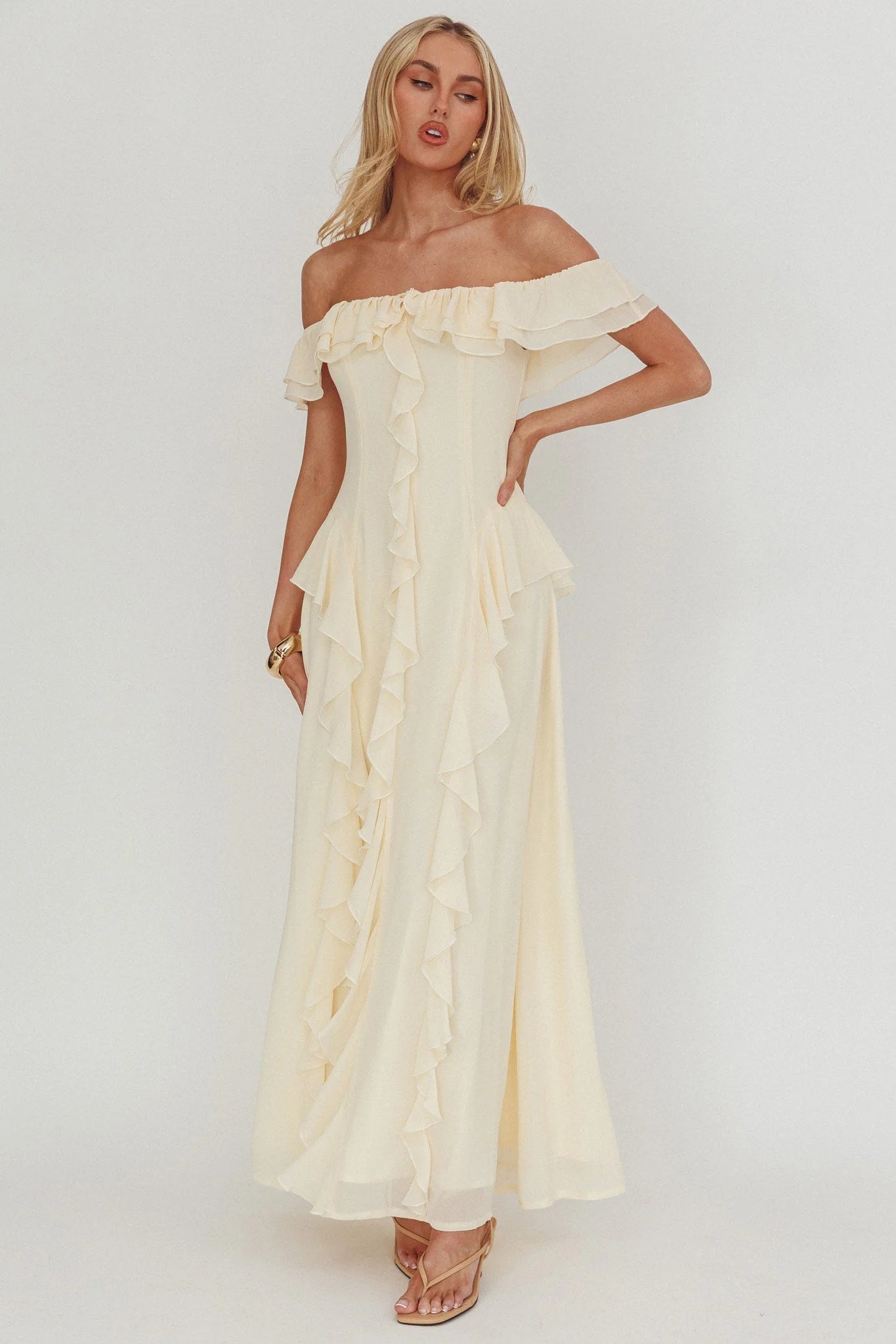 Scarlet Off-Shoulder Ruffle Trim Maxi Dress Butter