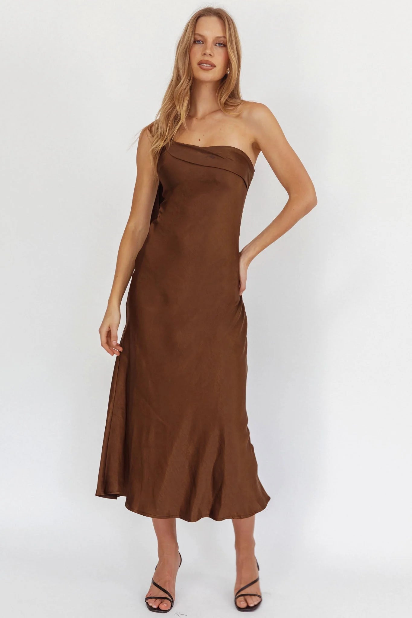 Carmel One-Shoulder Sash Maxi Dress Chocolate