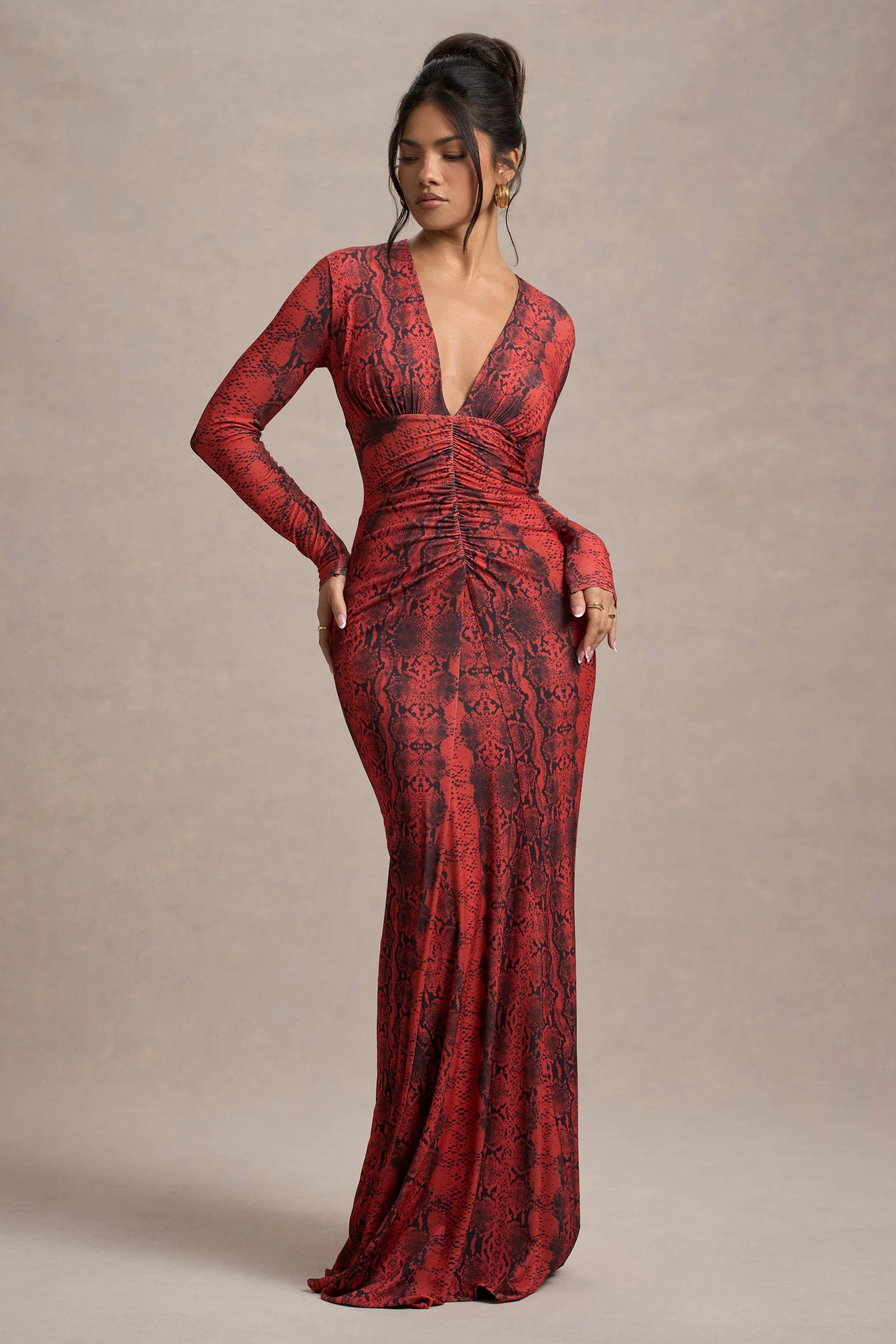 Mamba | Red Snake Print Plunge-Neck Long-Sleeve Maxi Dress