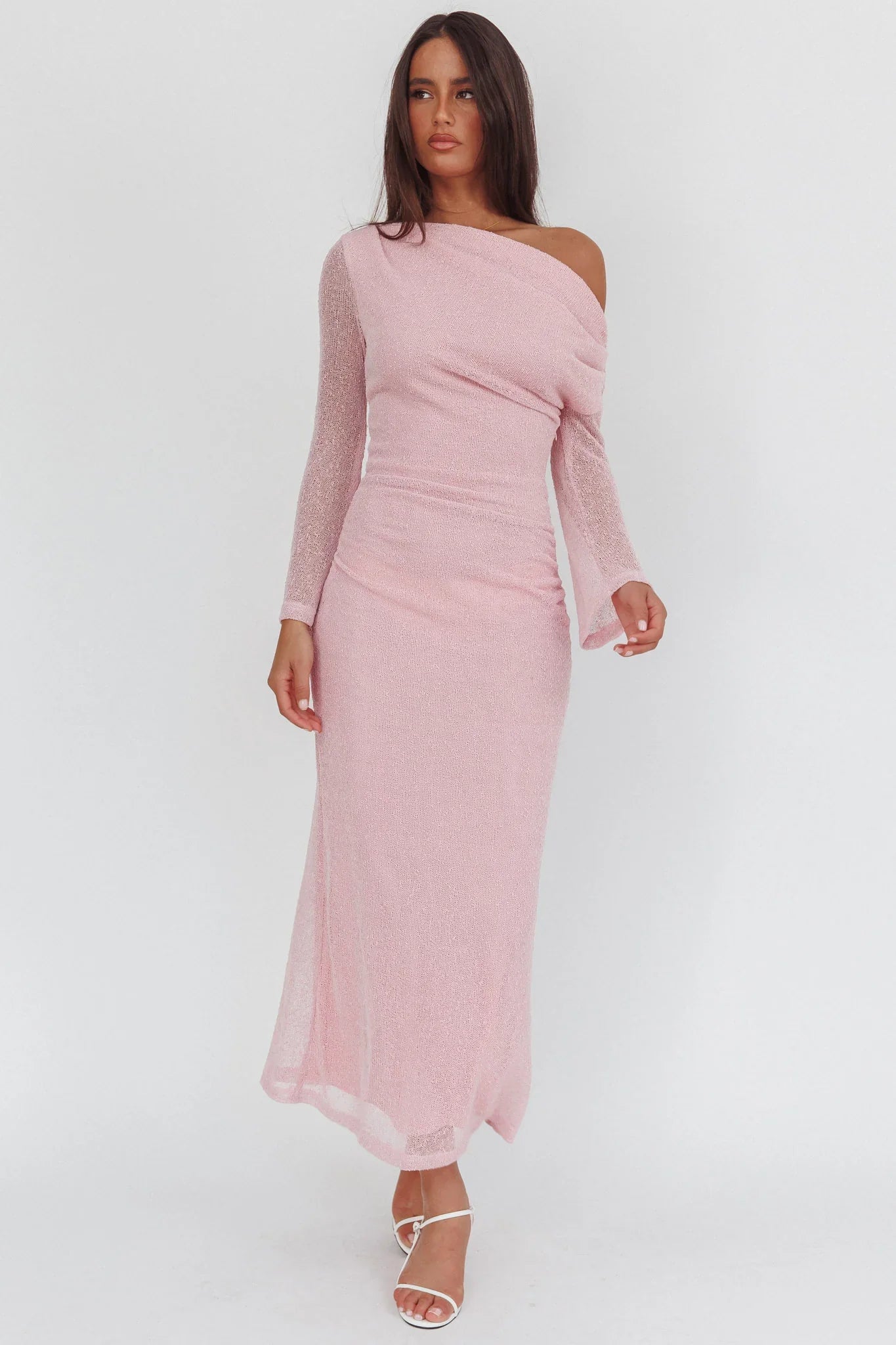 Alivya Asymmetric Neckline Knit Maxi Dress Pink