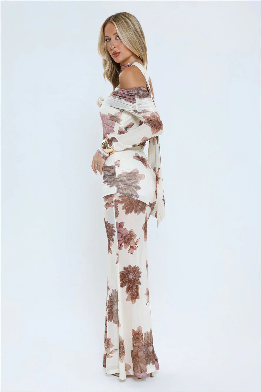 Garden Haze Off Shoulder Mesh Maxi Dress Floral
