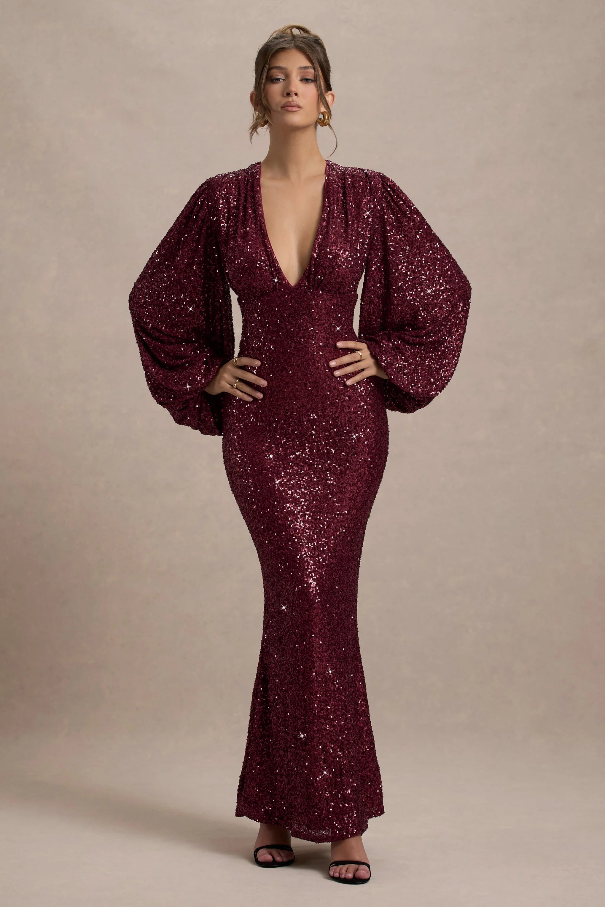 Kaelin | Berry Sequin Plunge-Neck Maxi Dress