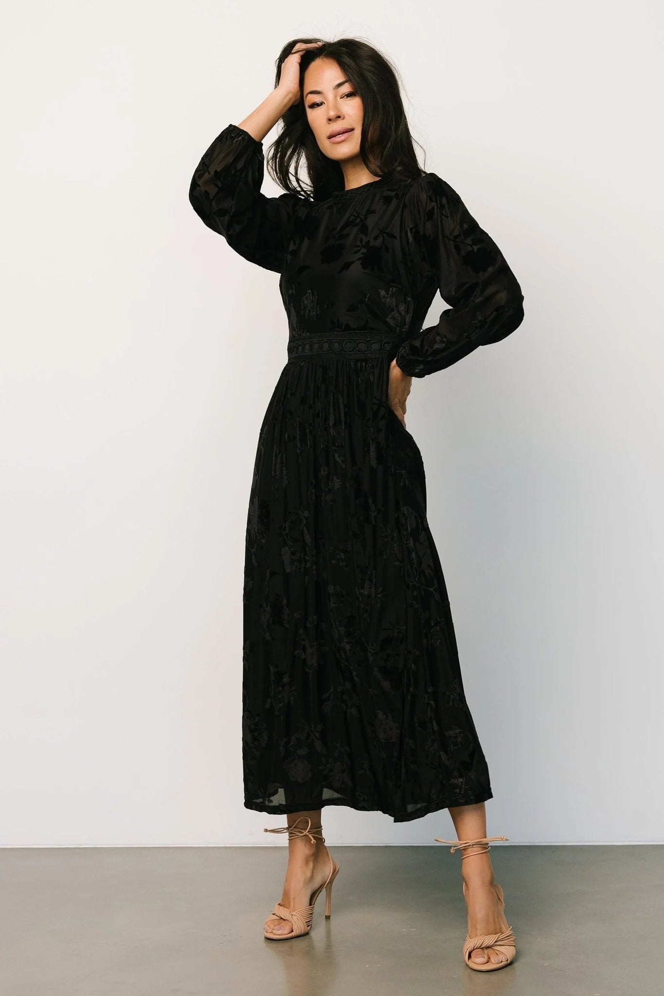 Christine Velvet Embossed Midi Dress | Black