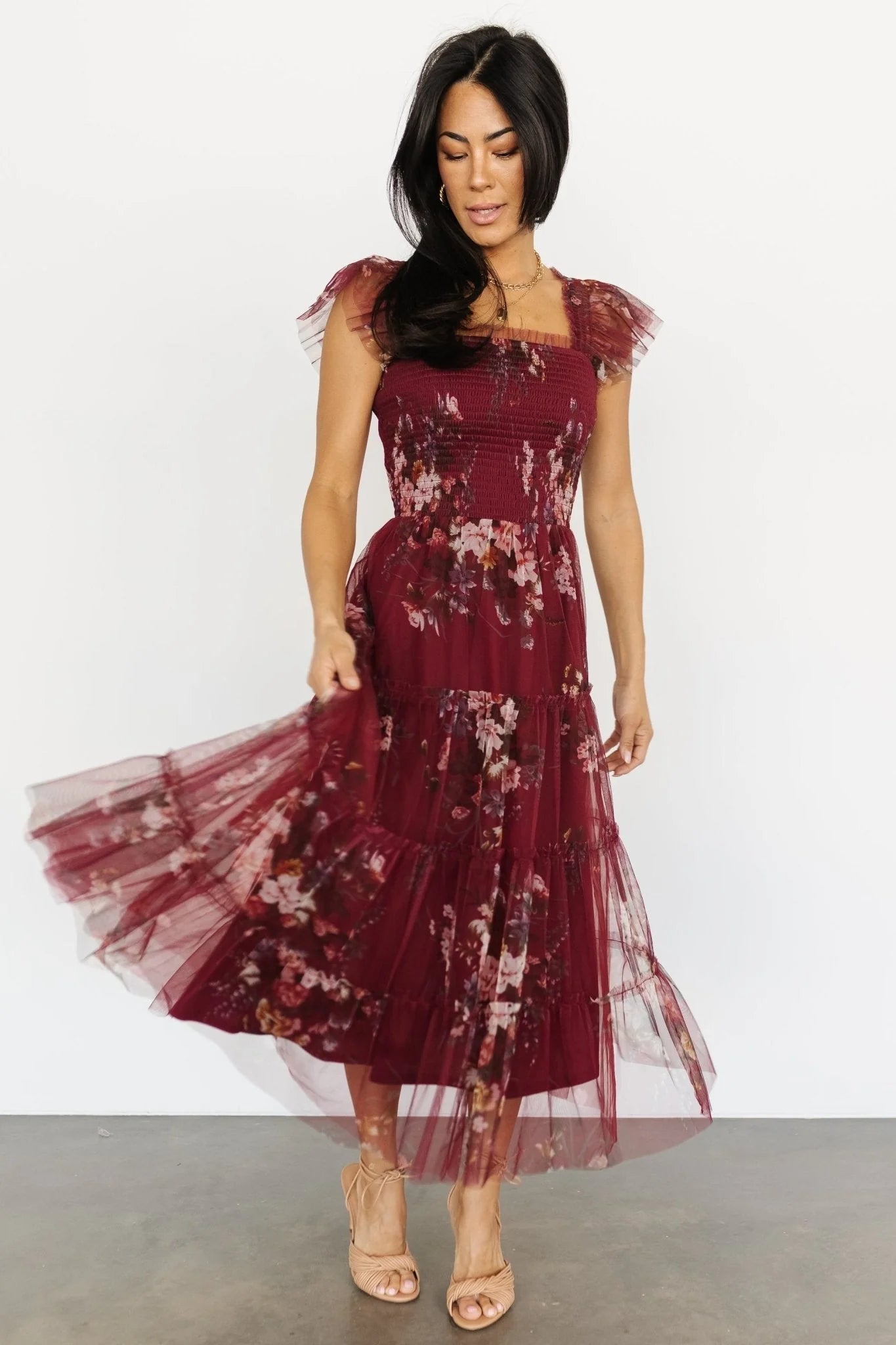 Clementine Tulle Midi Dress | Wine Multi
