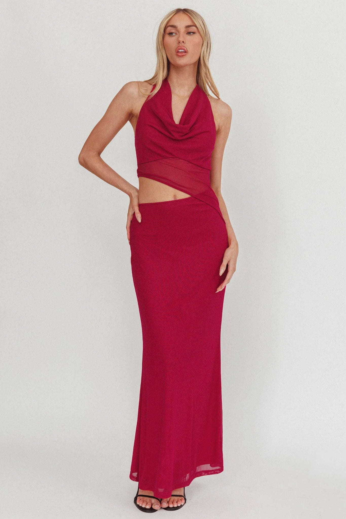 Playing Games Cut-Out Cowl Halter Dress Berry