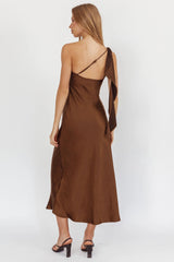 Carmel One-Shoulder Sash Maxi Dress Chocolate